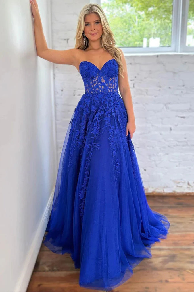 Strapless Lilac/Blue Lace Long Prom Dresses, Lilac/Blue Lace Formal Dr Eip Collection Strapless Lilac/Blue Lace Long Prom Dresses, Lilac/Blue Lace Formal Dr Eip Collection