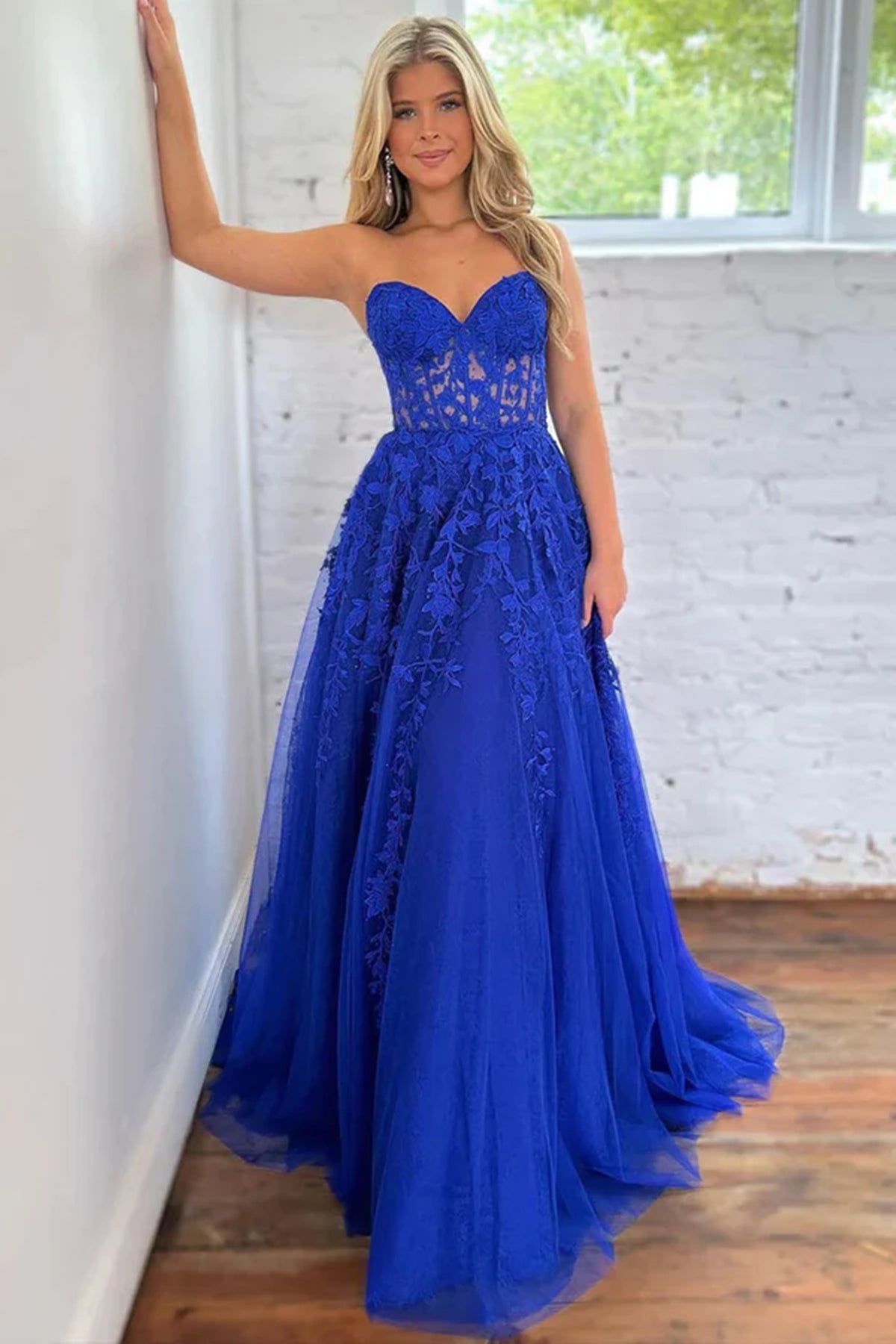 Strapless Lilac/Blue Lace Long Prom Dresses, Lilac/Blue Lace Formal Dr Eip Collection Strapless Lilac/Blue Lace Long Prom Dresses, Lilac/Blue Lace Formal Dr Eip Collection