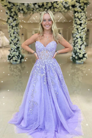 Strapless Lilac/Blue Lace Long Prom Dresses, Lilac/Blue Lace Formal Dresses, Long Lilac/Blue Evening Dresses