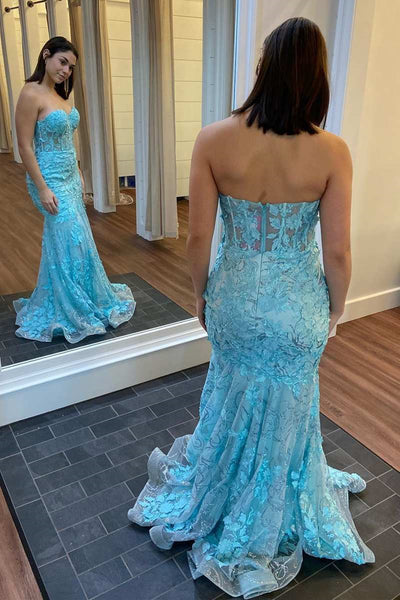 Strapless Mermaid Blue Lace Long Prom Dresses, Strapless Mermaid Blue Lace Long Formal Evening Dresses