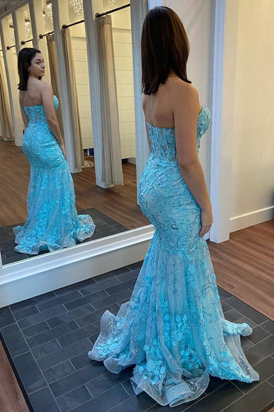 Strapless Mermaid Blue Lace Long Prom Dresses, Strapless Mermaid Blue Lace Long Formal Evening Dresses