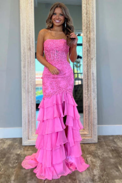 Strapless Mermaid Lace Layered Pink Green Prom Dresses, Pink Green Lace Formal Evening Dresses with Ruffle Skirt