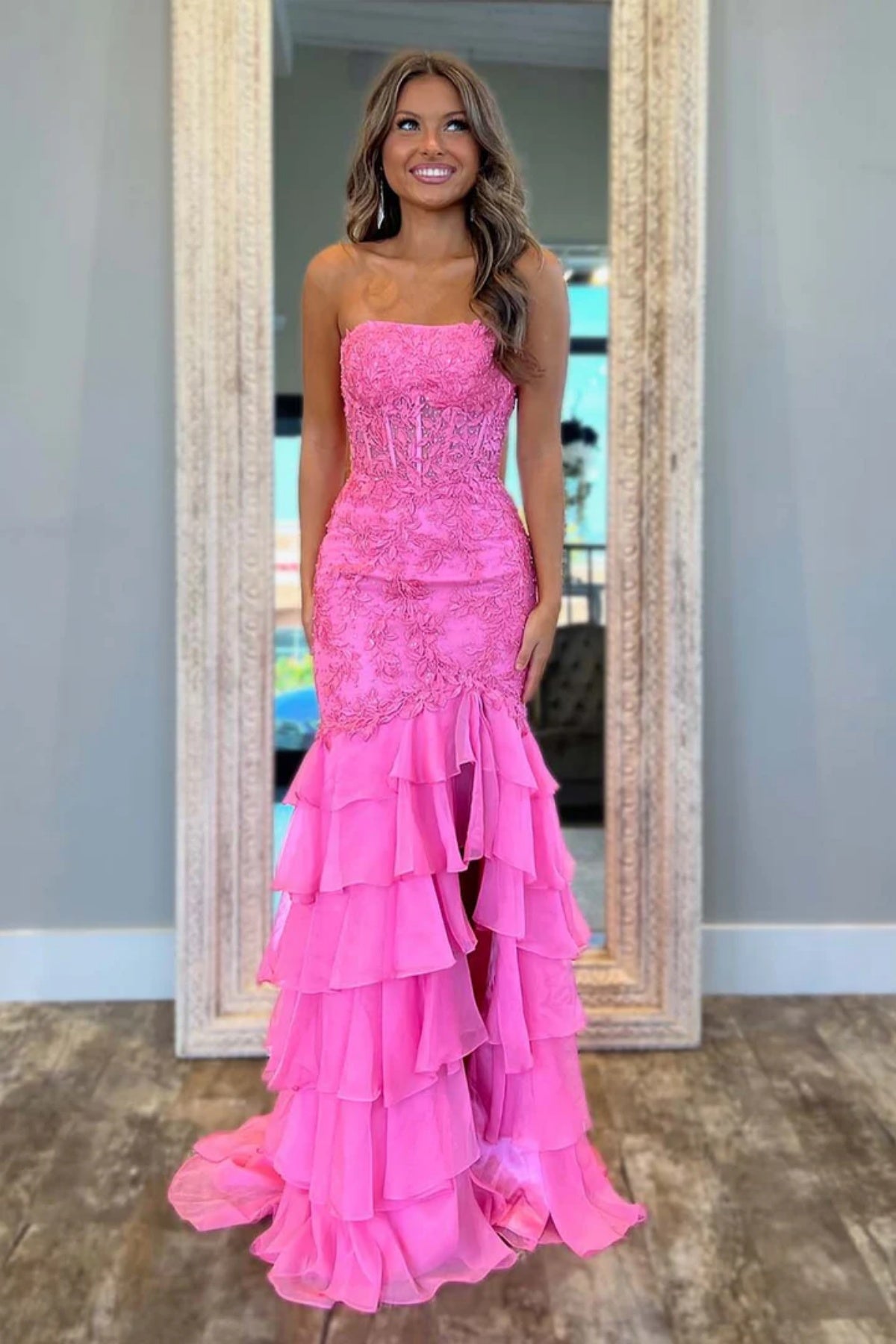 Strapless Mermaid Lace Layered Pink Green Prom Dresses, Pink Green Lace Formal Evening Dresses with Ruffle Skirt