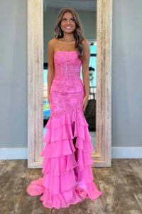 Strapless Mermaid Lace Layered Pink Green Prom Dresses, Pink Green Lace Formal Evening Dresses with Ruffle Skirt