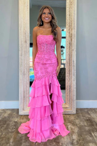 Strapless Mermaid Lace Layered Pink Green Prom Dresses, Pink Green Lace Formal Evening Dresses with Ruffle Skirt