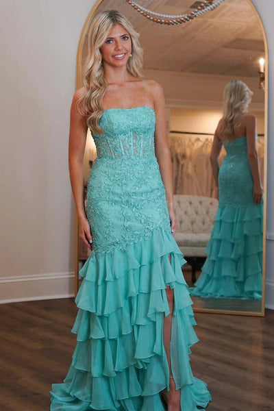 Strapless Mermaid Lace Layered Pink Green Prom Dresses, Pink Green Lace Formal Evening Dresses with Ruffle Skirt