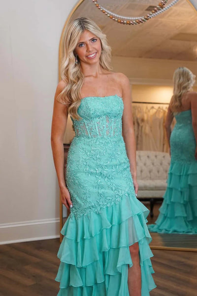 Strapless Mermaid Lace Layered Pink Green Prom Dresses, Pink Green Lace Formal Evening Dresses with Ruffle Skirt