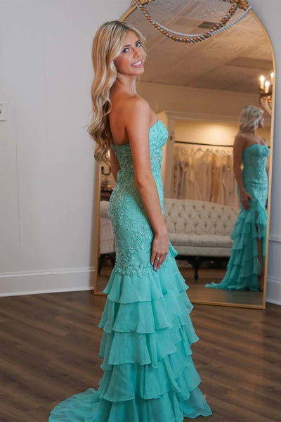 Strapless Mermaid Lace Layered Pink Green Prom Dresses, Pink Green Lace Formal Evening Dresses with Ruffle Skirt