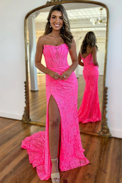 Strapless Mermaid Lace Prom Dresses, Lace Mermaid Formal Evening Dresses