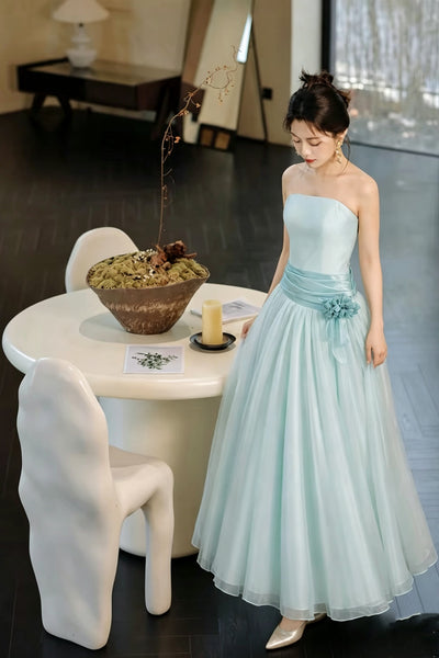 Strapless Mint Green Satin Tulle Midi Prom Dress, Handmade 3D Flower Formal Gown, Custom Bridesmaid Dress