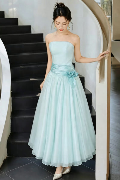 Strapless Mint Green Satin Tulle Midi Prom Dress, Handmade 3D Flower Formal Gown, Custom Bridesmaid Dress