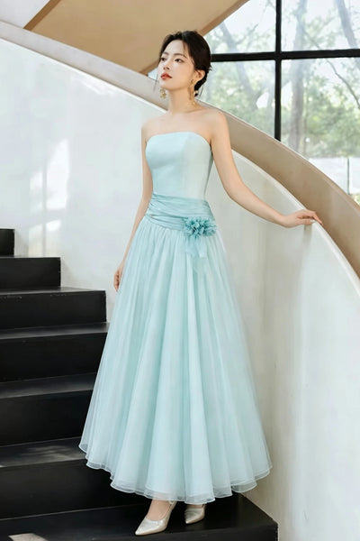 Strapless Mint Green Satin Tulle Midi Prom Dress, Handmade 3D Flower Formal Gown, Custom Bridesmaid Dress