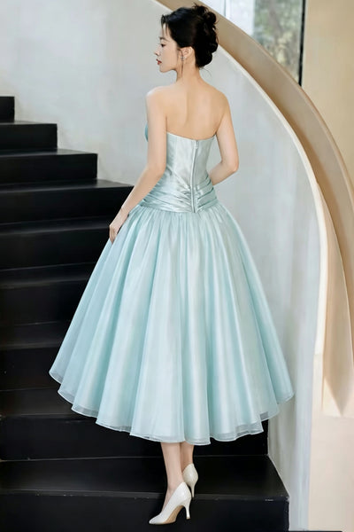 Strapless Mint Green Satin Tulle Midi Prom Dress, Handmade 3D Flower Formal Gown, Custom Bridesmaid Dress
