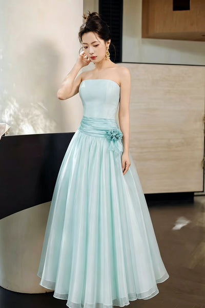 Strapless Mint Green Satin Tulle Midi Prom Dress, Handmade 3D Flower Formal Gown, Custom Bridesmaid Dress