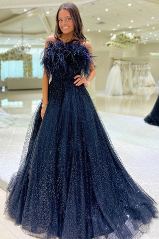 Strapless Navy Blue Tulle Long Prom Dresses with Feather, Shiny Navy Blue Formal Graduation Evening Dresses