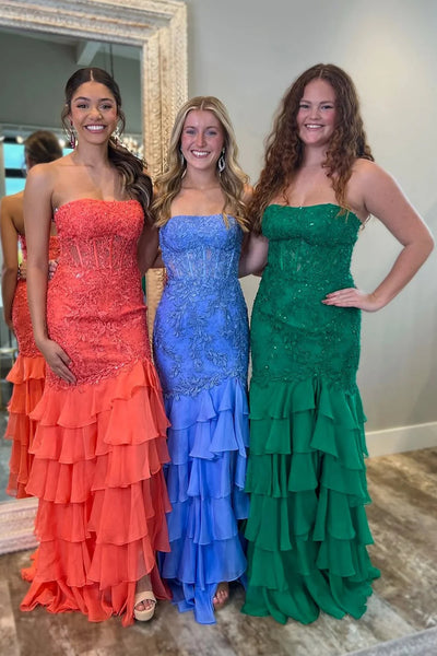 Strapless Orange Green Blue Mermaid Lace Prom Dresses, Lace Mermaid Formal Evening Dresses
