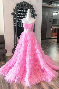 Strapless Pink Black Tulle Long Prom Dresses, Shiny Pink Black Tulle Long Formal Evening Dresses