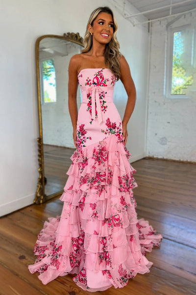 Strapless Pink Floral Mermaid Long Prom Dresses, Pink Floral Mermaid Long Formal Evening Dresses