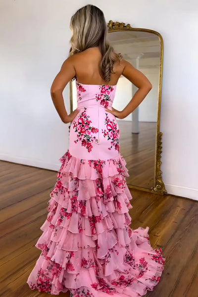 Strapless Pink Floral Mermaid Long Prom Dresses, Pink Floral Mermaid Long Formal Evening Dresses