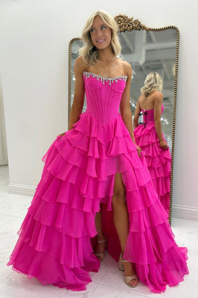 Strapless Pink Green Layered Long Prom Dresses, Beaded Long Layered Formal Evening Dresses