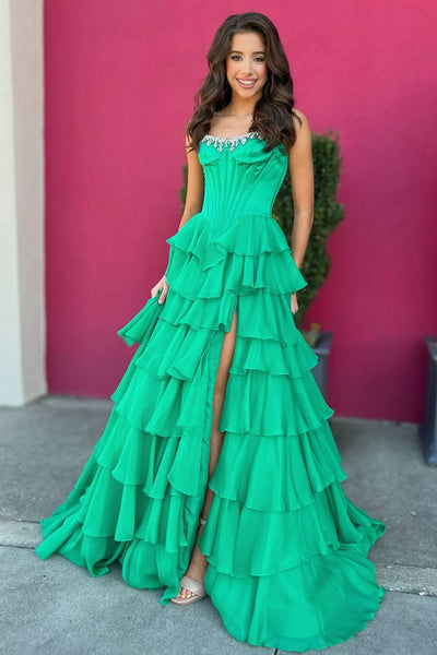 Strapless Pink Green Layered Long Prom Dresses, Beaded Long Layered Formal Evening Dresses