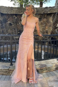 Strapless Pink Mermaid Lace Prom Dresses, Pink Mermaid Lace Formal Evening Dresses