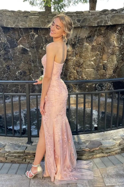 Strapless Pink Mermaid Lace Prom Dresses, Pink Mermaid Lace Formal Evening Dresses
