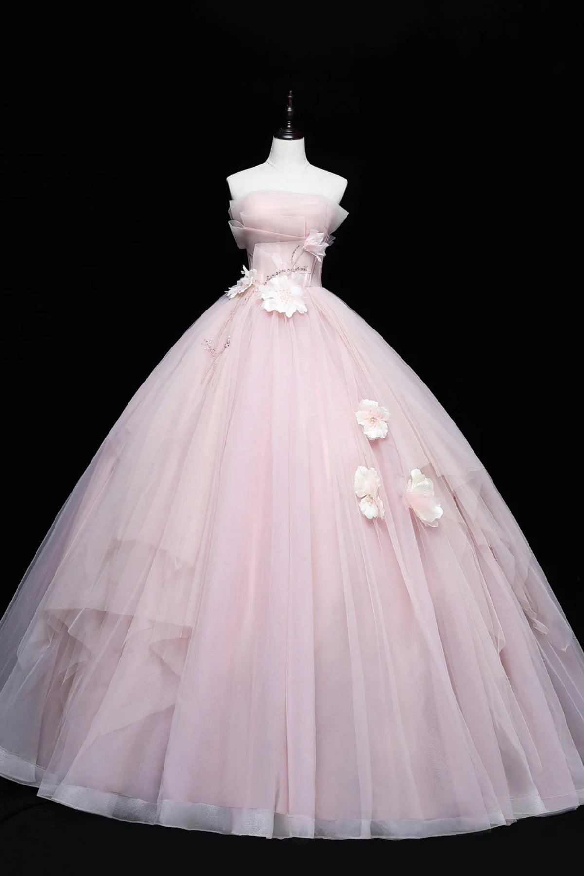 Strapless Pink Tulle Floral Long Prom Dresses, Pink Tulle Floral Long Formal Evening Dresses