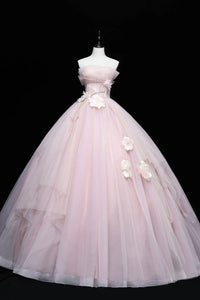 Strapless Pink Tulle Floral Long Prom Dresses, Pink Tulle Floral Long Formal Evening Dresses