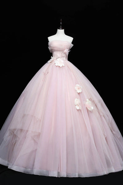 Strapless Pink Tulle Floral Long Prom Dresses, Pink Tulle Floral Long Formal Evening Dresses