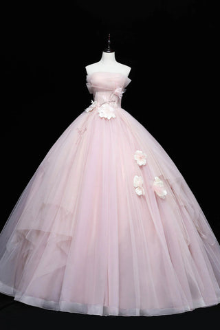 Strapless Pink Tulle Floral Long Prom Dresses, Pink Tulle Floral Long Formal Evening Dresses