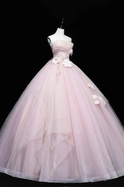 Strapless Pink Tulle Floral Long Prom Dresses, Pink Tulle Floral Long Formal Evening Dresses