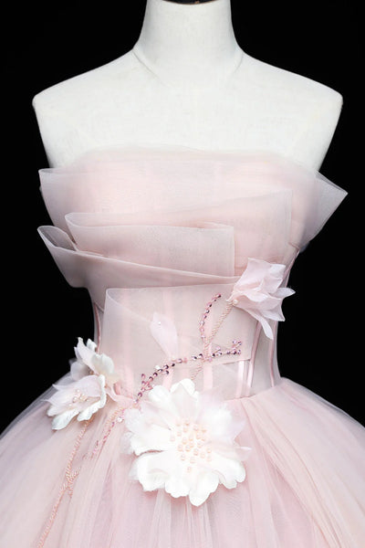 Strapless Pink Tulle Floral Long Prom Dresses, Pink Tulle Floral Long Formal Evening Dresses
