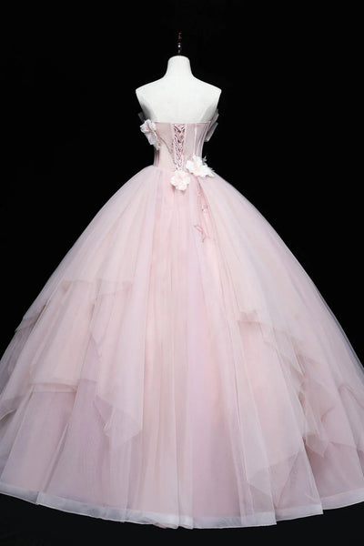 Strapless Pink Tulle Floral Long Prom Dresses, Pink Tulle Floral Long Formal Evening Dresses