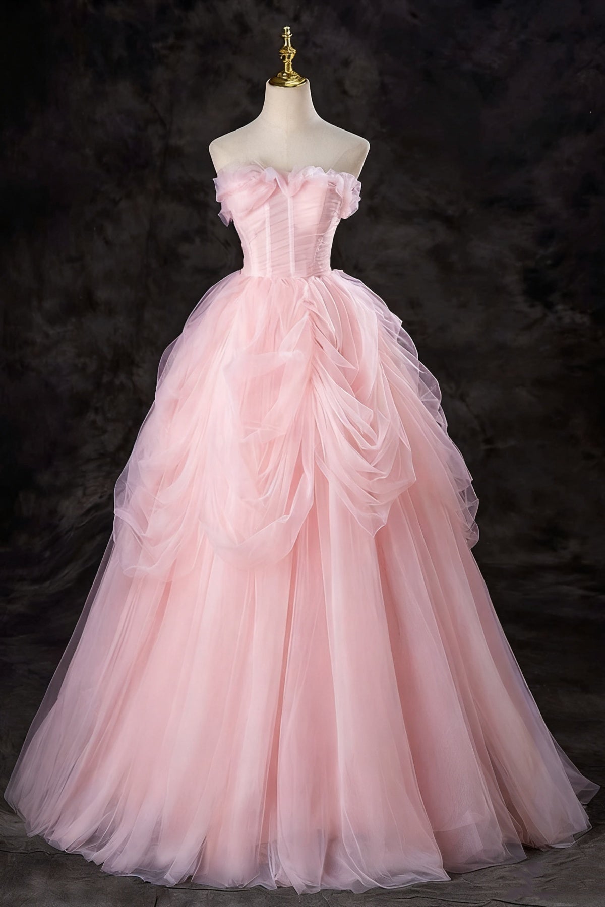 Strapless Pink Tulle Long Prom Dresses, Pink Tulle Long Formal Evening Dresses