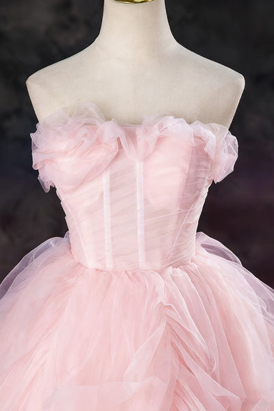 Strapless Pink Tulle Long Prom Dresses, Pink Tulle Long Formal Evening Dresses