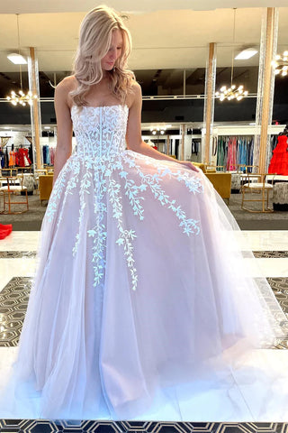 Strapless Pink Tulle Long Prom Dresses with White Lace Appliques, Pink Lace Formal Graduation Evening Dresses