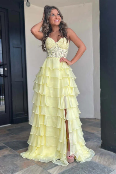 Strapless Pink Yellow Blue Lace Prom Dress with Ruffle Skirt, Layered Lace Corset Formal Evening Dresses