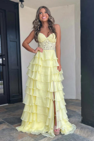 Strapless Pink Yellow Blue Lace Prom Dress with Ruffle Skirt, Layered Lace Corset Formal Evening Dresses