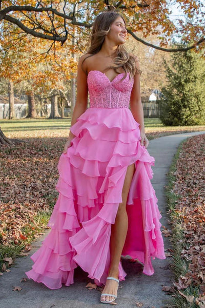 Strapless Pink Yellow Blue Lace Prom Dress with Ruffle Skirt, Layered Lace Corset Formal Evening Dresses