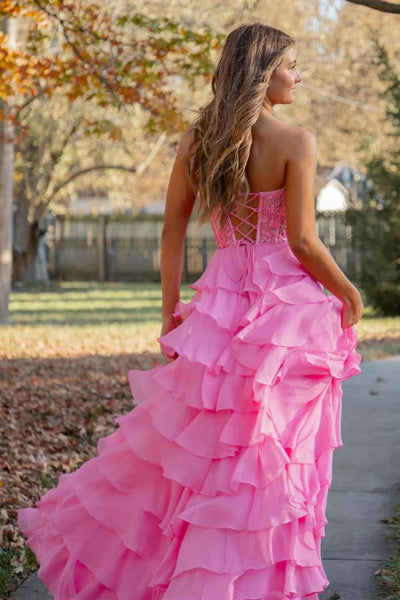Strapless Pink Yellow Blue Lace Prom Dress with Ruffle Skirt, Layered Lace Corset Formal Evening Dresses