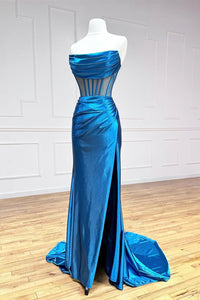 Strapless Pleated Blue Long Prom Dresses, Blue Long Formal Evening Dresses