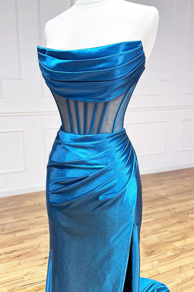 Strapless Pleated Blue Long Prom Dresses, Blue Long Formal Evening Dresses