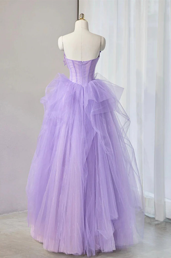 Strapless Purple Long Tulle Prom Dress with Flower, Purple Floral Long Eip Collection Strapless Purple Long Tulle Prom Dress with Flower, Purple Floral Long Eip Collection