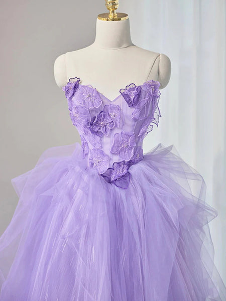 Strapless Purple Long Tulle Prom Dress with Flower, Purple Floral Long Tulle Formal Evening Dresses