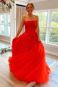 Strapless Red Lace Prom Dresses, Red Lace Formal Evening Dresses