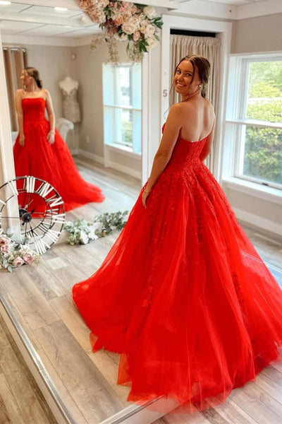 Strapless Red Lace Prom Dresses, Red Lace Formal Evening Dresses