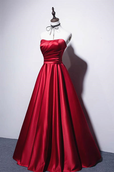 Strapless Red Satin Long Prom Dresses, Dark Red Long Formal Evening Dresses