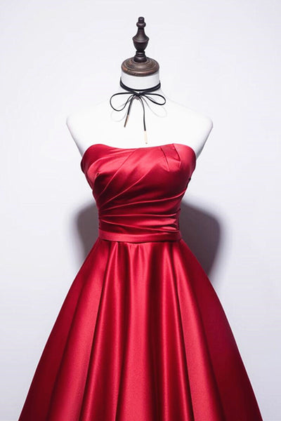 Strapless Red Satin Long Prom Dresses, Dark Red Long Formal Evening Dresses