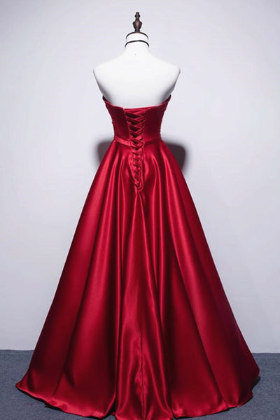Strapless Red Satin Long Prom Dresses, Dark Red Long Formal Evening Dresses